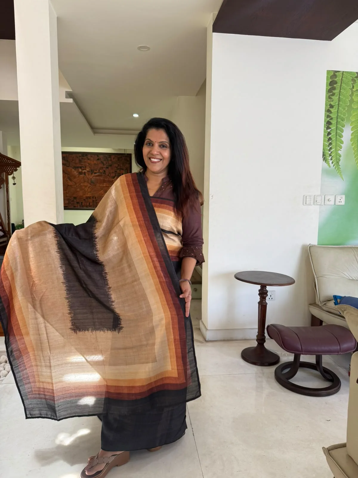 Black & Beige Semi Raw Silk Unstitched Suit