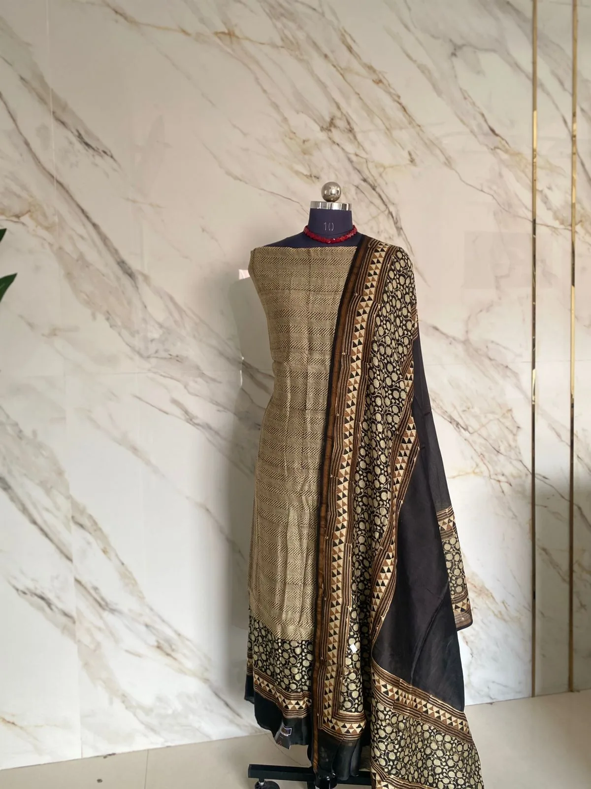 Beige & Black Maheshwari Silk Unstitched Suit