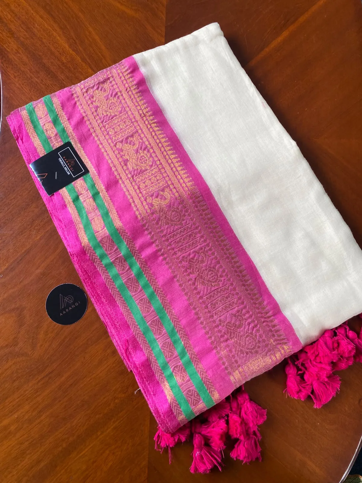 Mul Cotton Saree with Magenta & Green Border