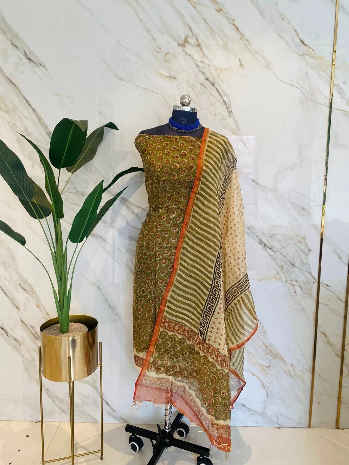 Olive & Orange Kota Doria Unstitched Suit