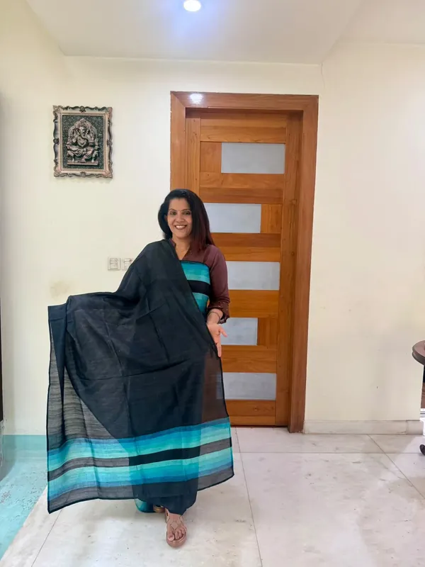 Black & Turquoise Semi Raw Silk Unstitched Suit