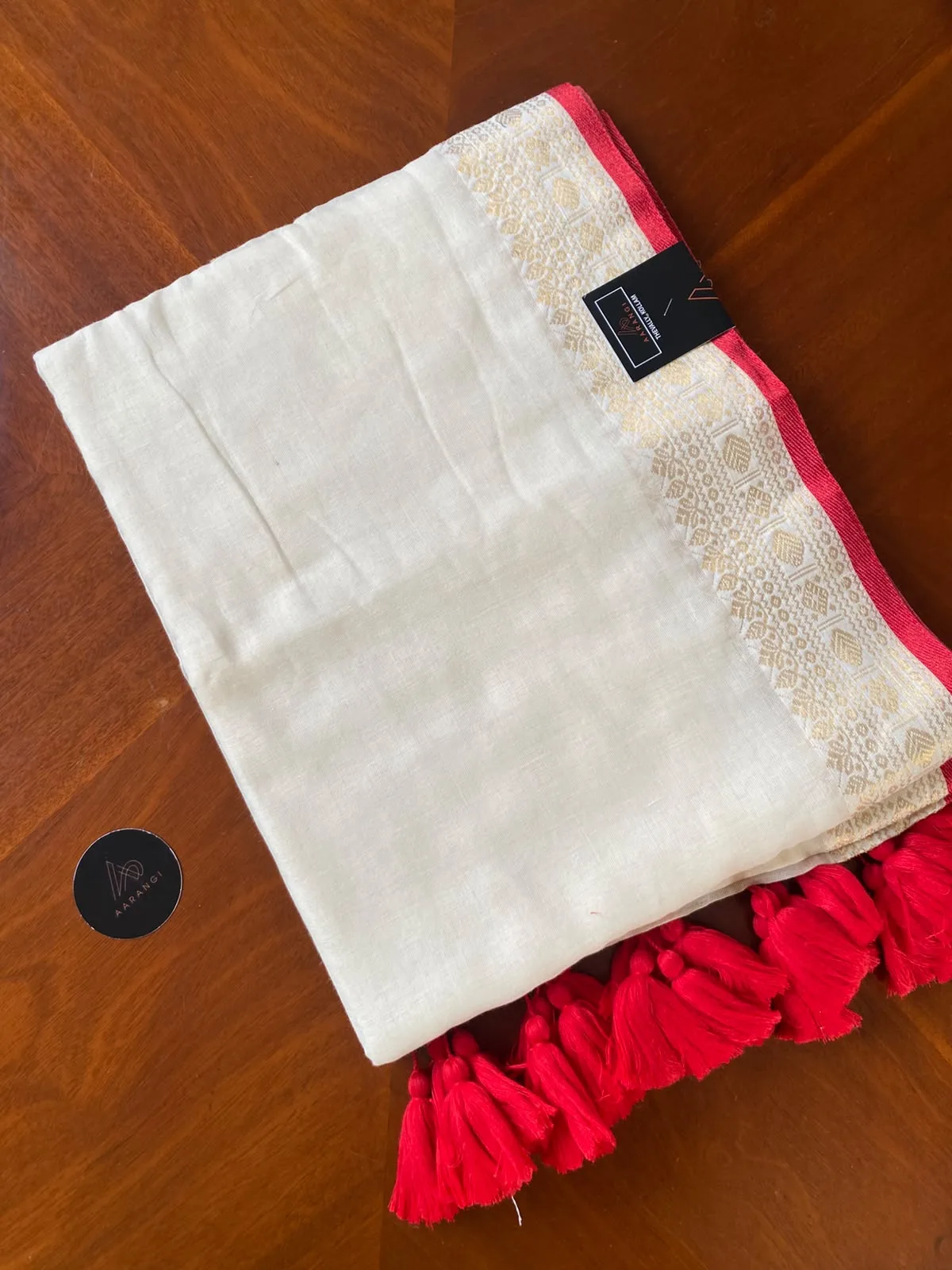 Mul Mul Cotton Saree with Ivory & Red Border