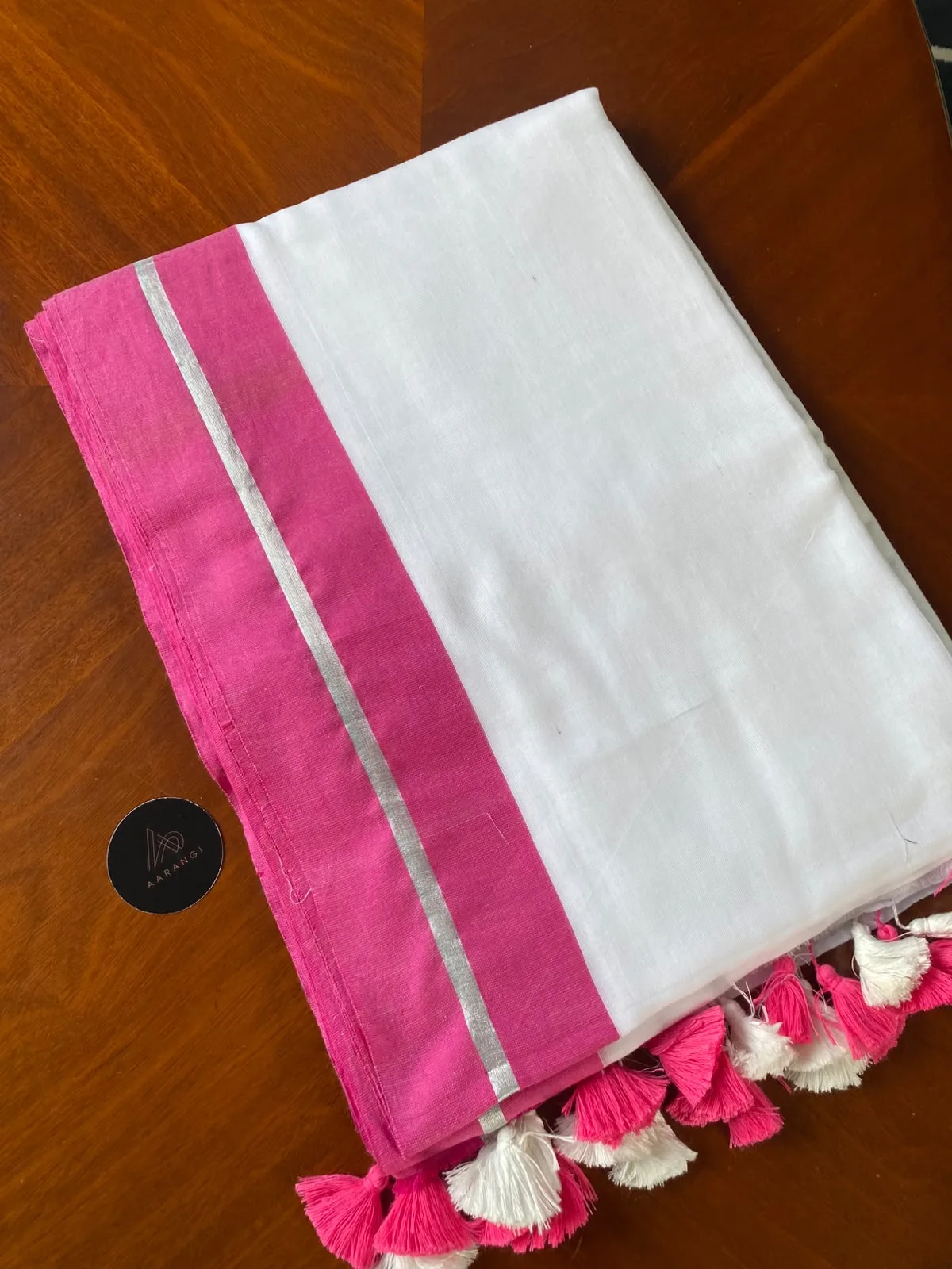 Mul Cotton Saree with Pink & Silver Border