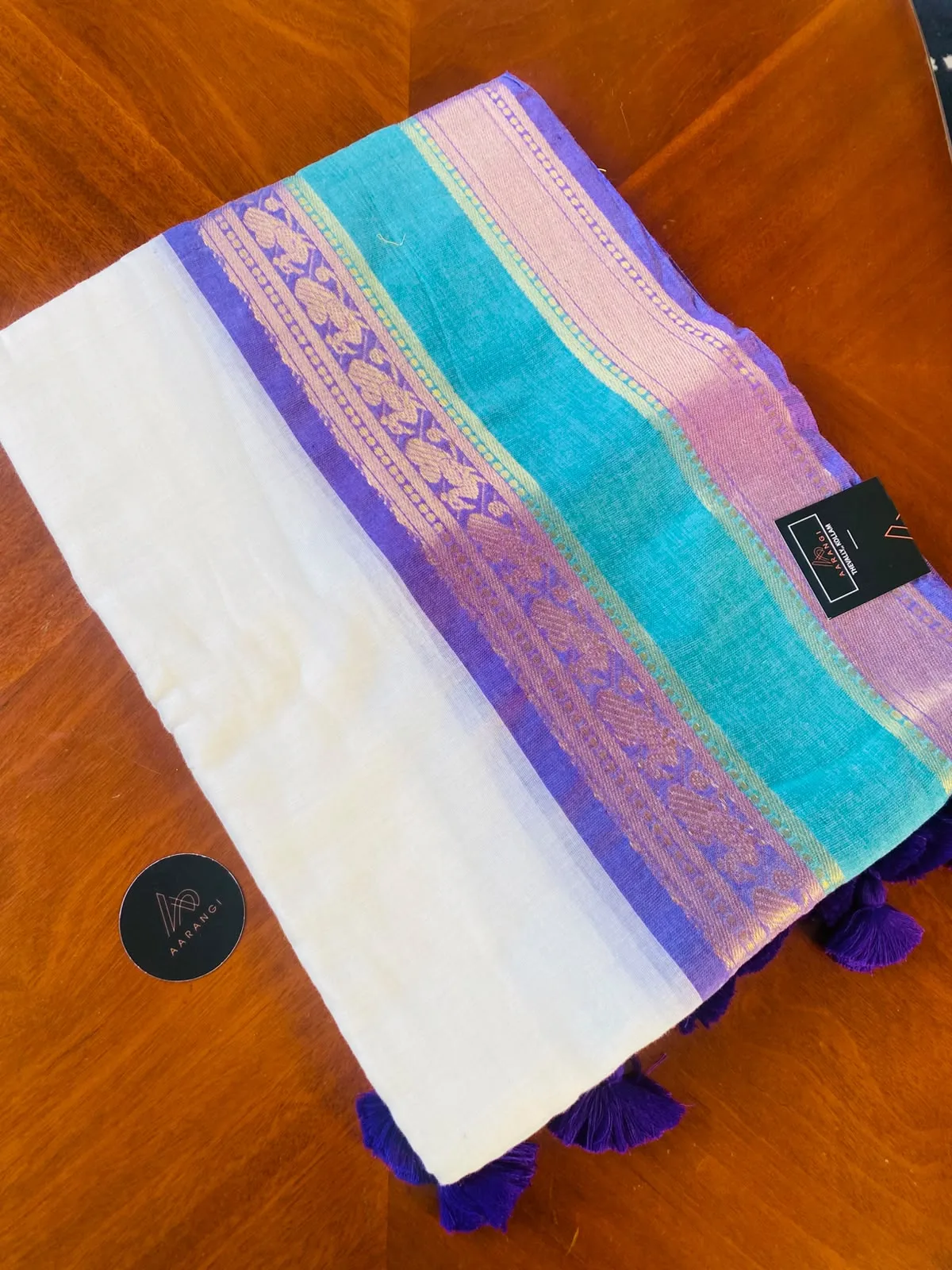 Mul Cotton Saree with Violet & Turquoise Border