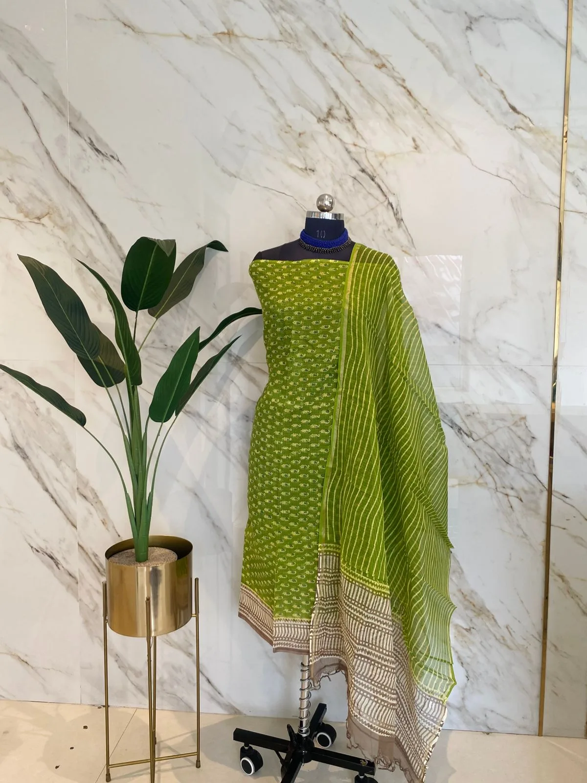 Parrot Green Kota Doria Unstitched Suit