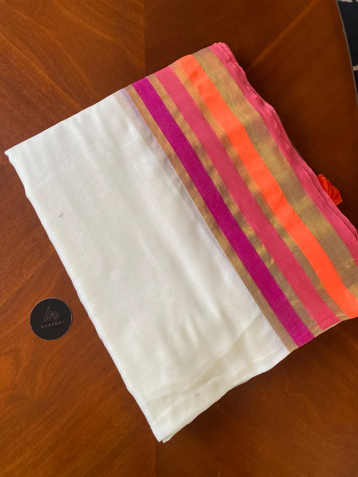 Mul Mul Cotton Saree with Magenta & Orange Stripe Border