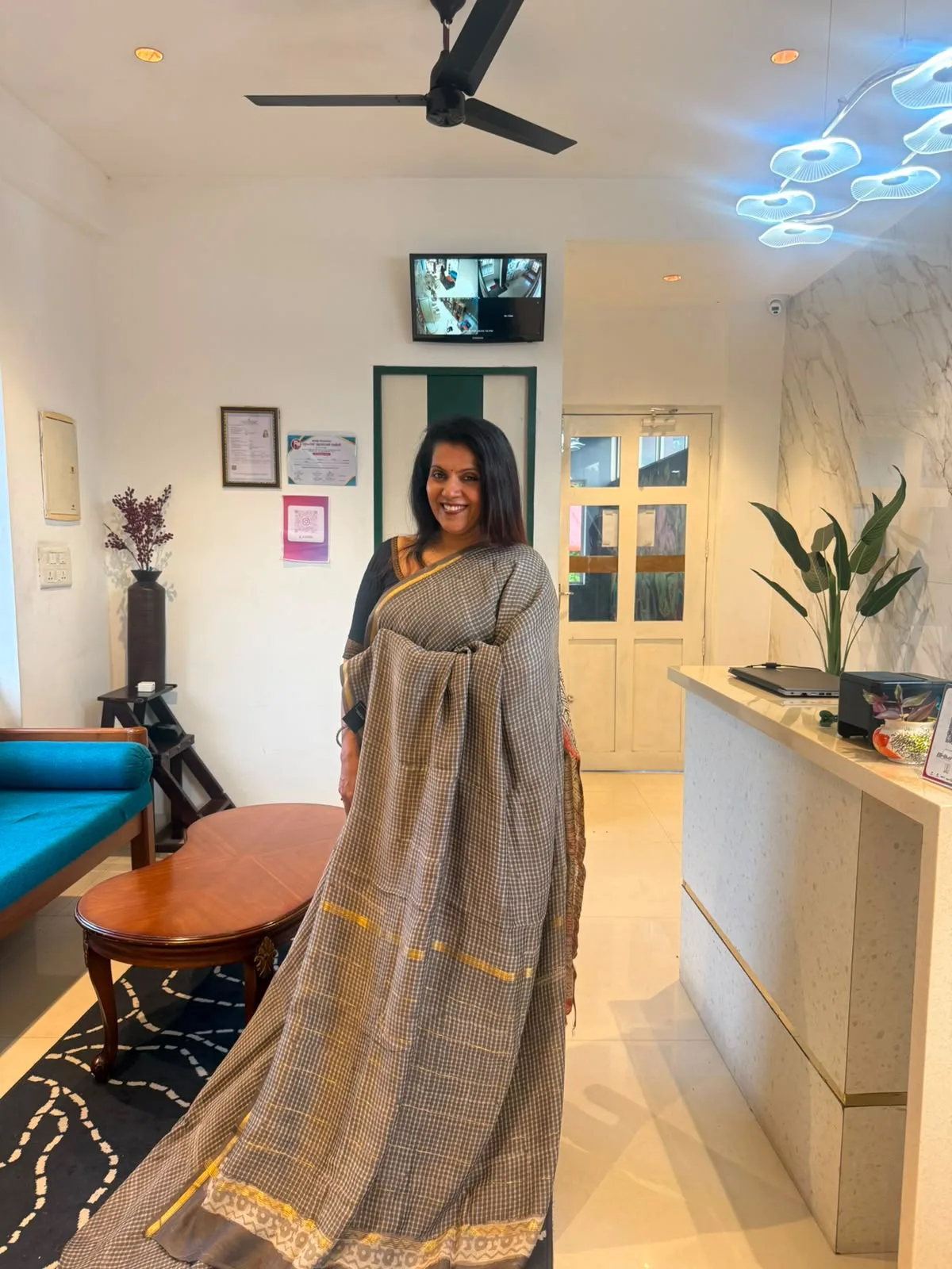 Grey Hand Block Chanderi Silk Saree