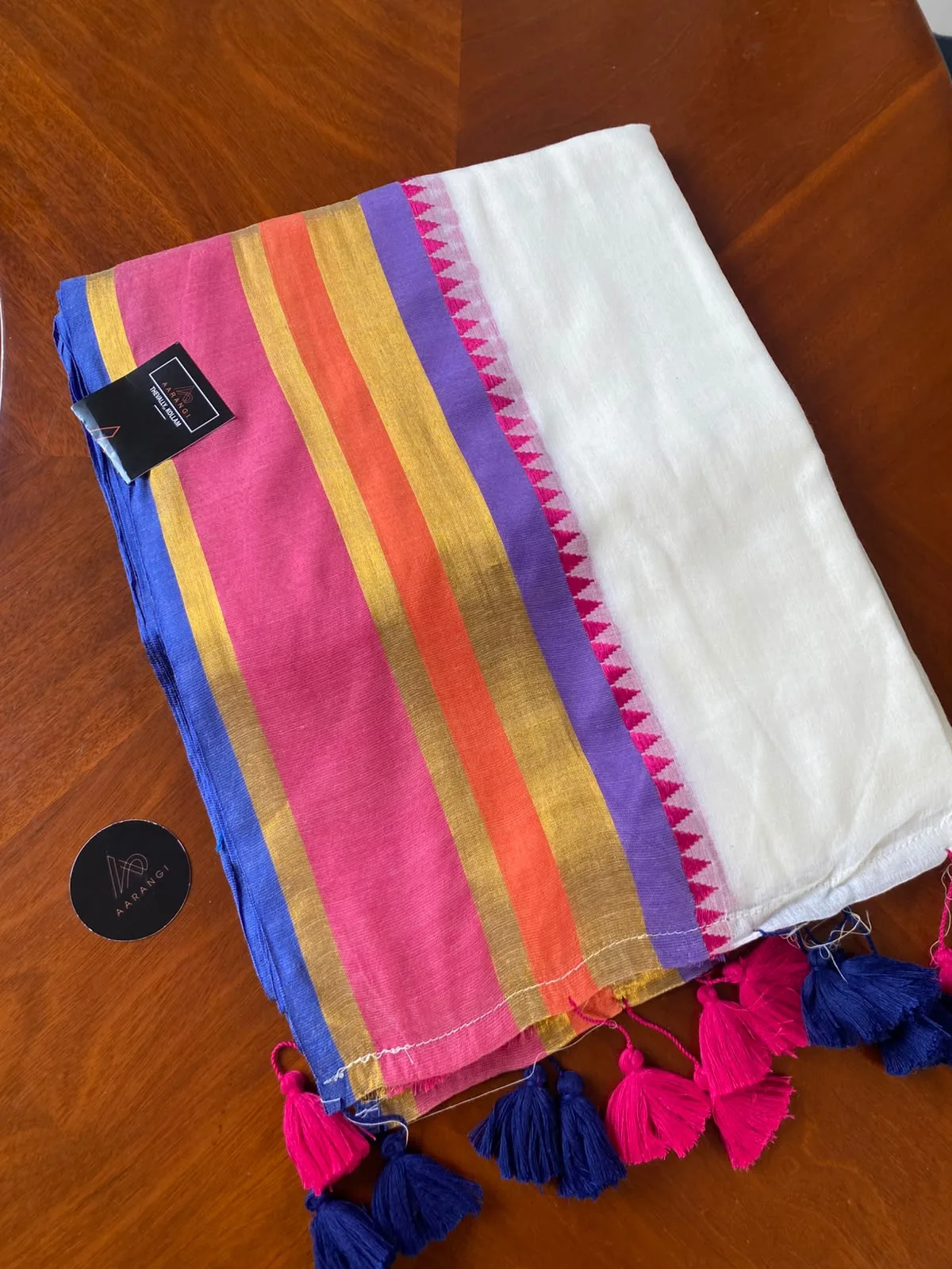 Mul Mul Cotton Saree with Pink, Orange & Blue Border
