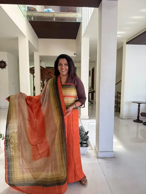 Orange & Olive Semi Raw Silk Unstitched Suit