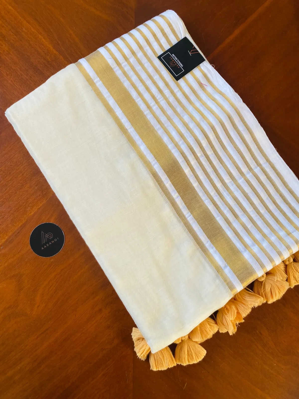 Mul Cotton Saree with Gold Stripe Border