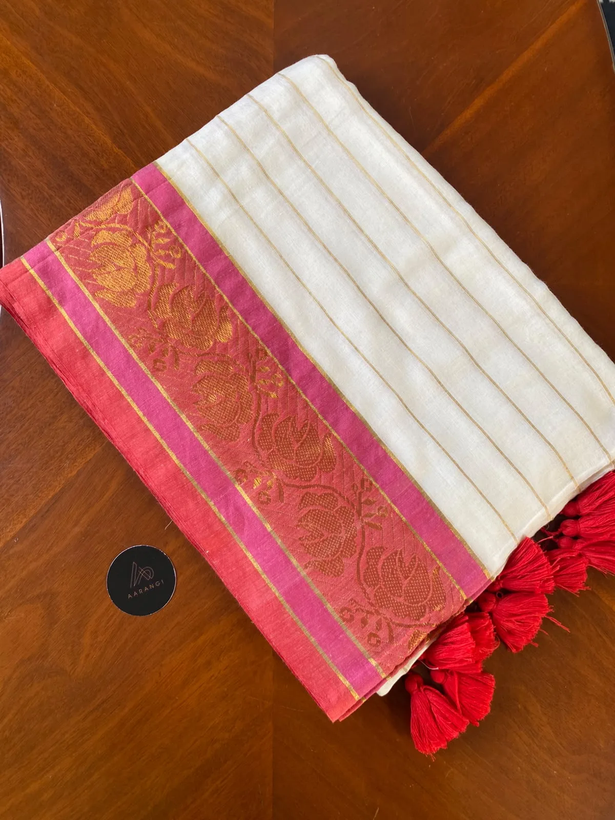 Mul Cotton Saree with Coral Border