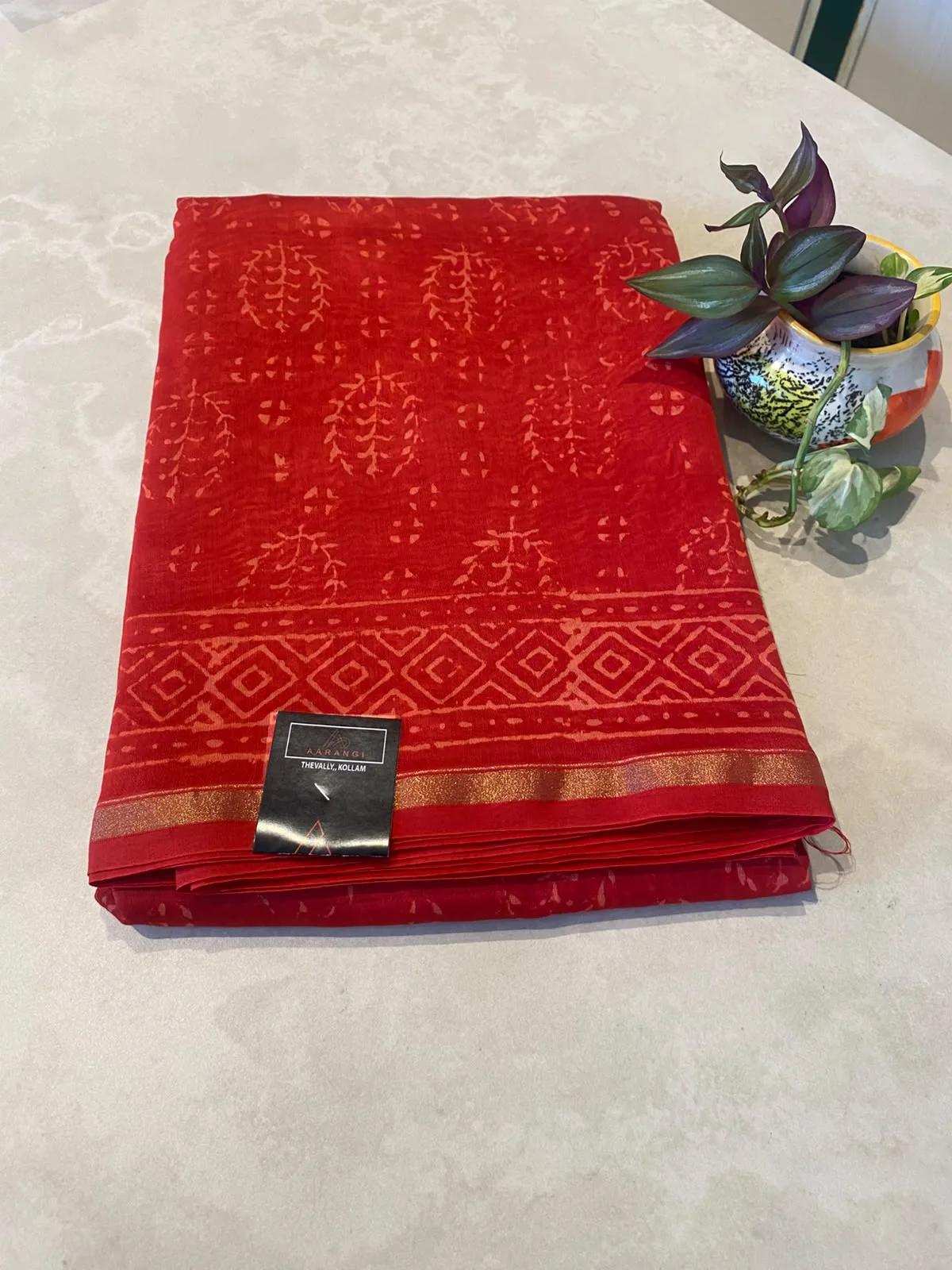 Red Hand Block Chanderi Silk Saree, photo 3 of 3