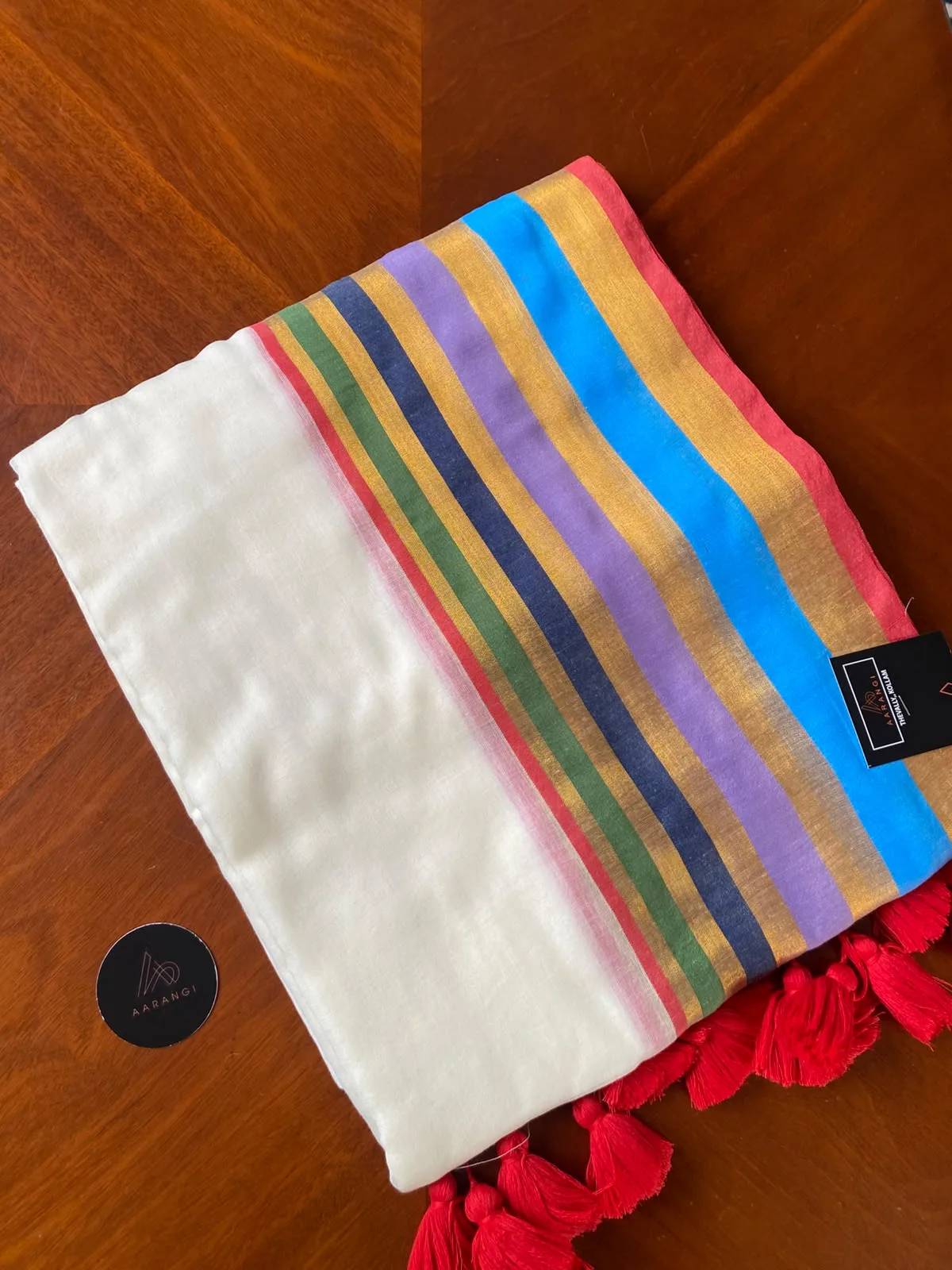 Mul Mul Cotton Saree with Blue Multicolour Stripe Border