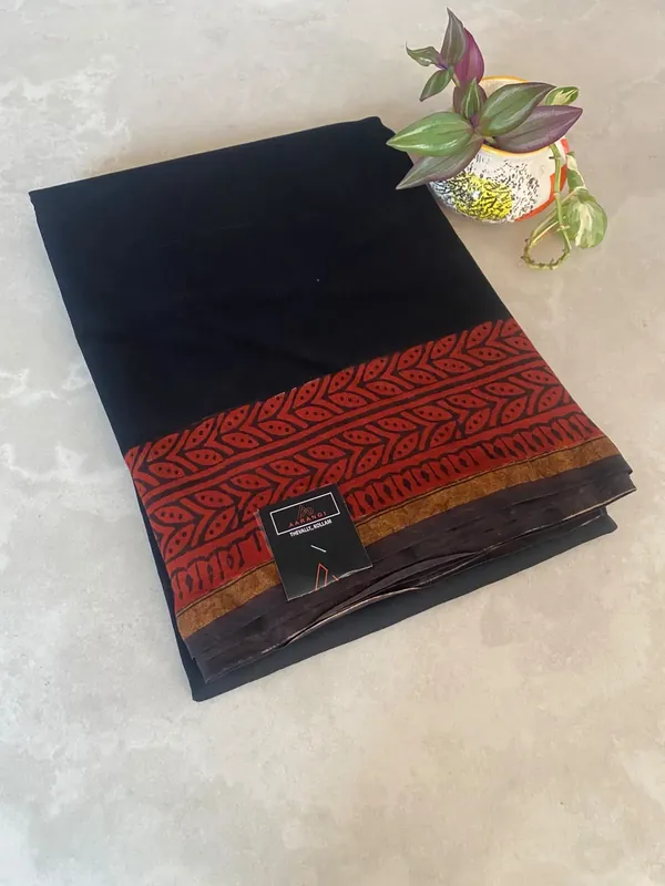 Black & Red Hand Block Chanderi Silk Saree