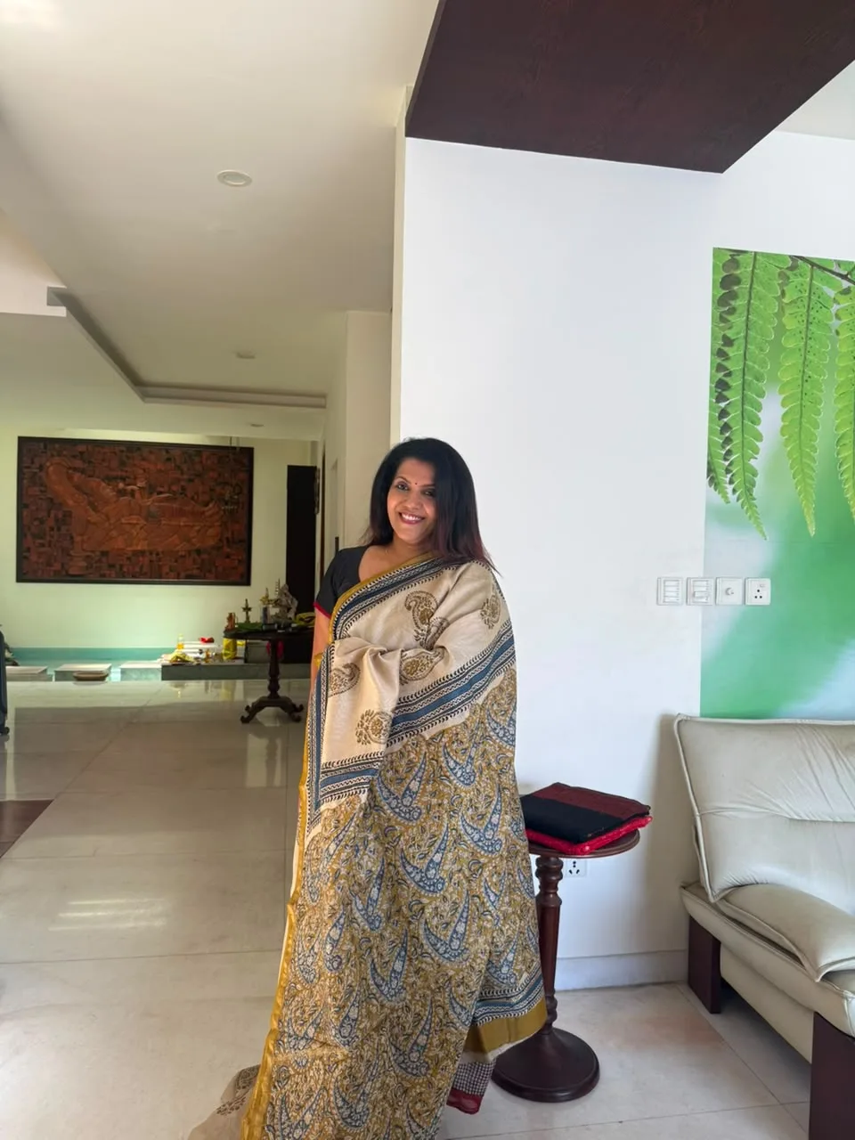 Ivory & Blue Hand Block Chanderi Silk Saree