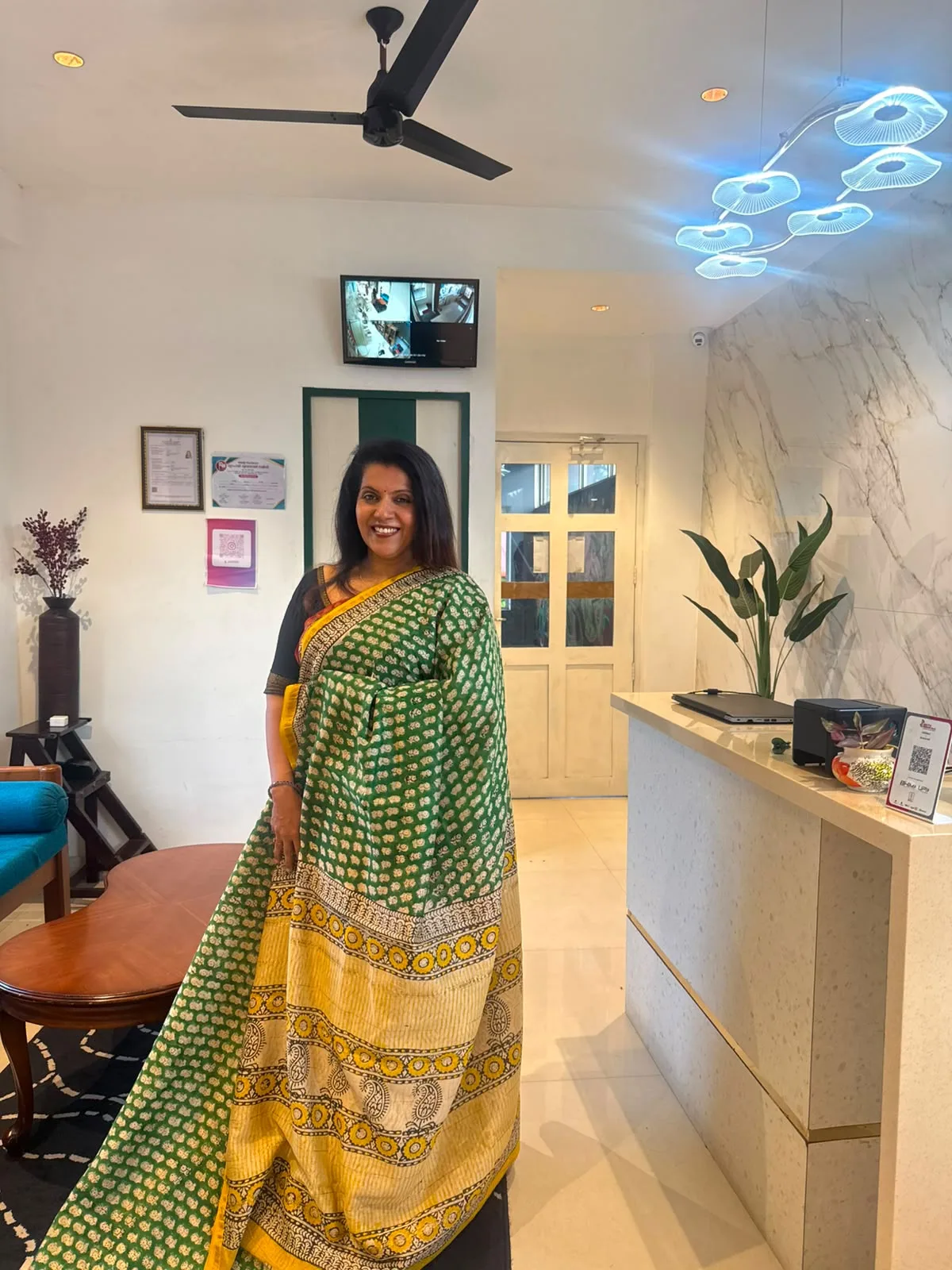 Green & Yellow Hand Block Chanderi Silk Saree