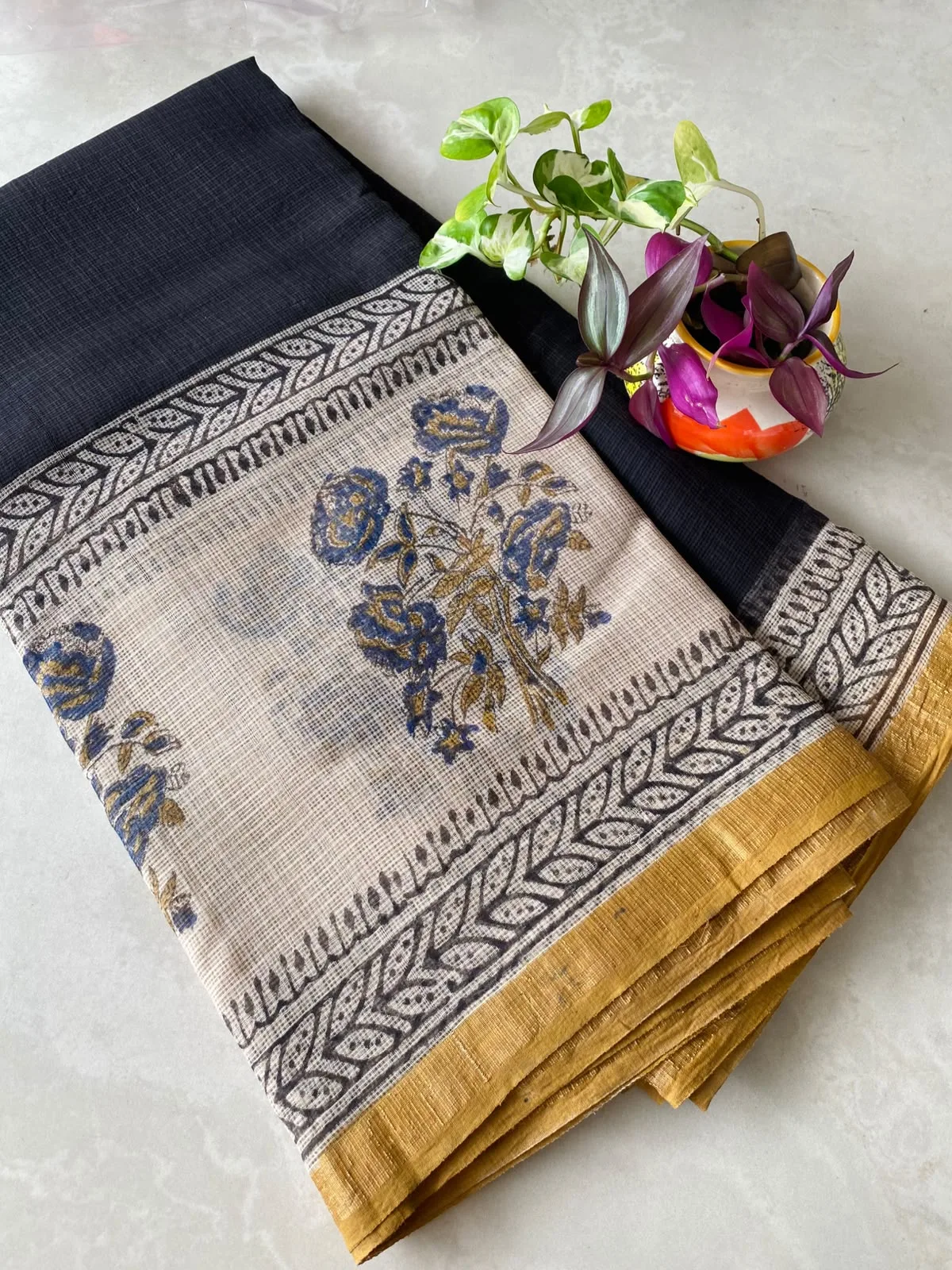 Black & Ivory Kota Doria Saree