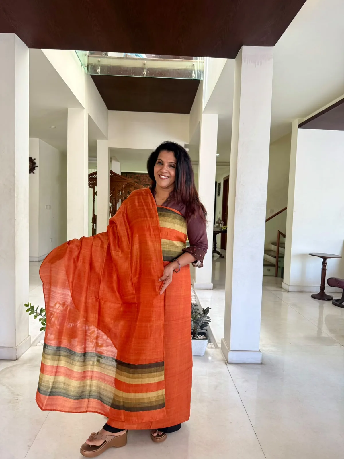 Orange Semi Raw Silk Unstitched Suit