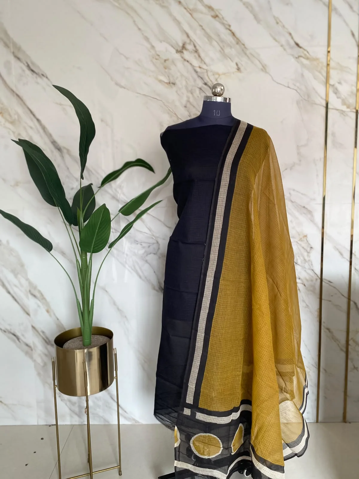 Black & Mustard Kota Doria Unstitched Suit, photo 3 of 3