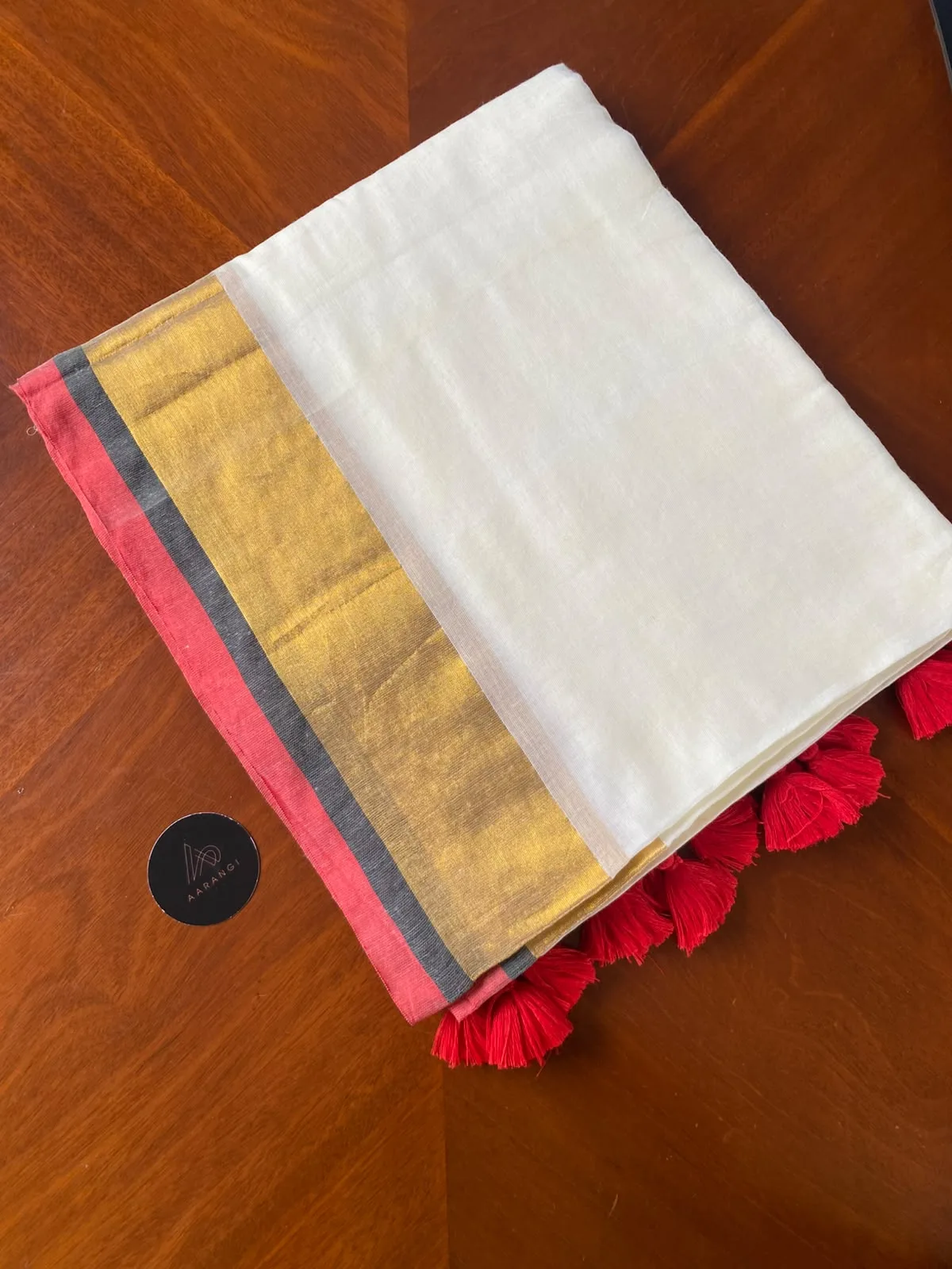 Mul Mul Cotton Saree with Gold & Red Border