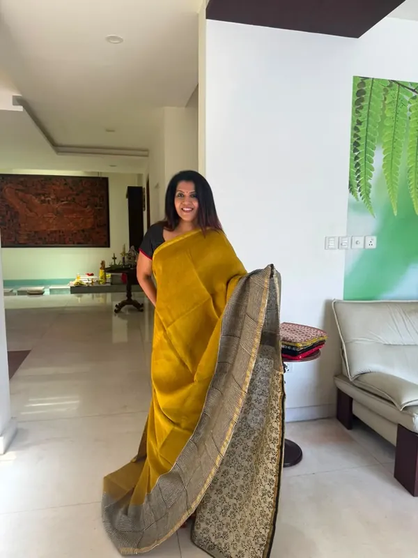 Mustard & Grey Hand Block Chanderi Silk Saree