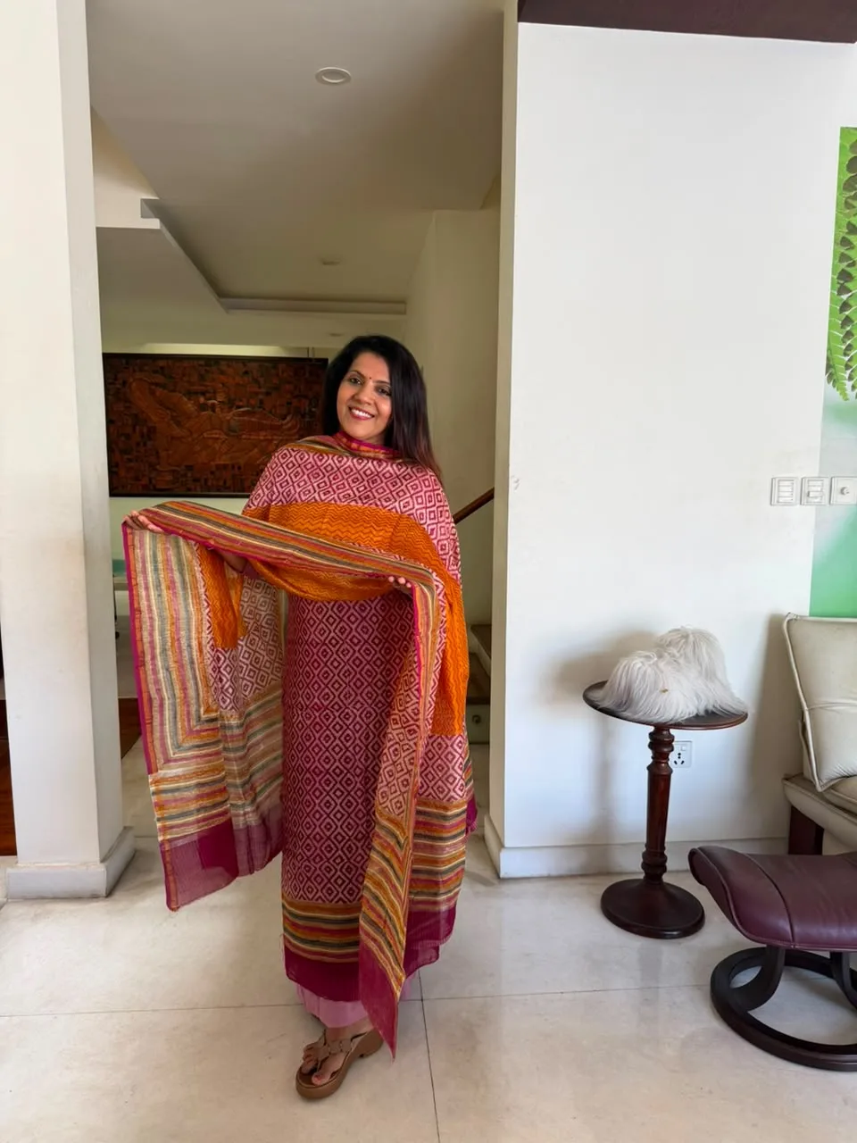 Magenta & Orange Maheshwari Silk Unstitched Suit