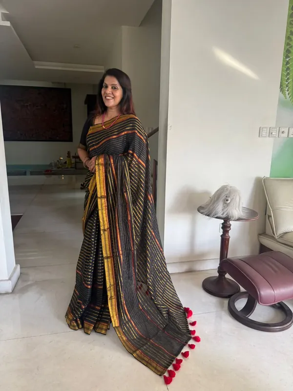 Black & Gold Stripe Mul Cotton Saree