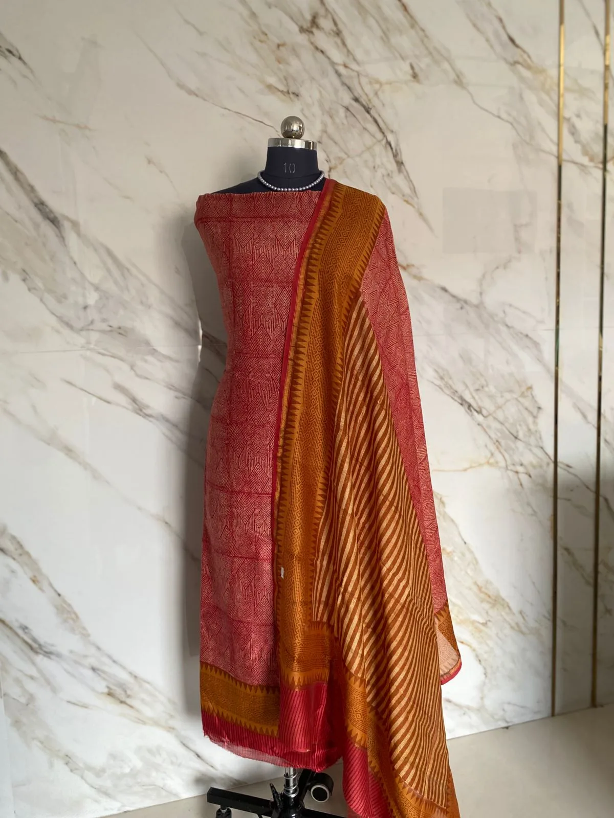 Red & Orange Maheshwari Silk Unstitched Suit