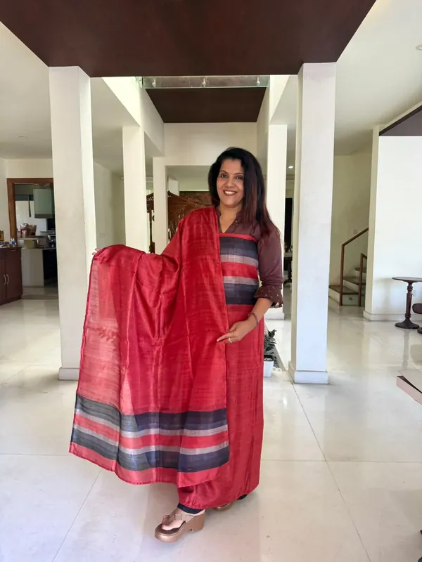 Red Semi Raw Silk Unstitched Suit