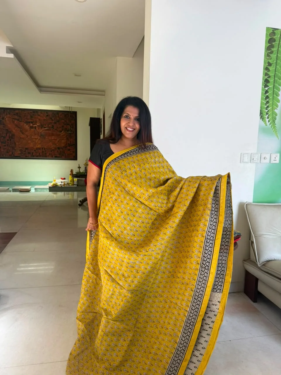 Yellow Hand Block Chanderi Silk Saree