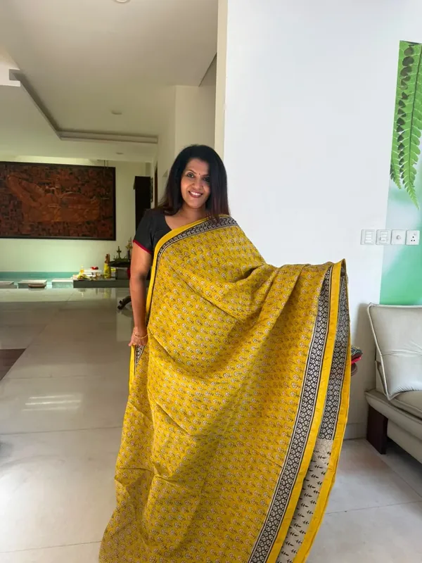 Yellow Hand Block Chanderi Silk Saree