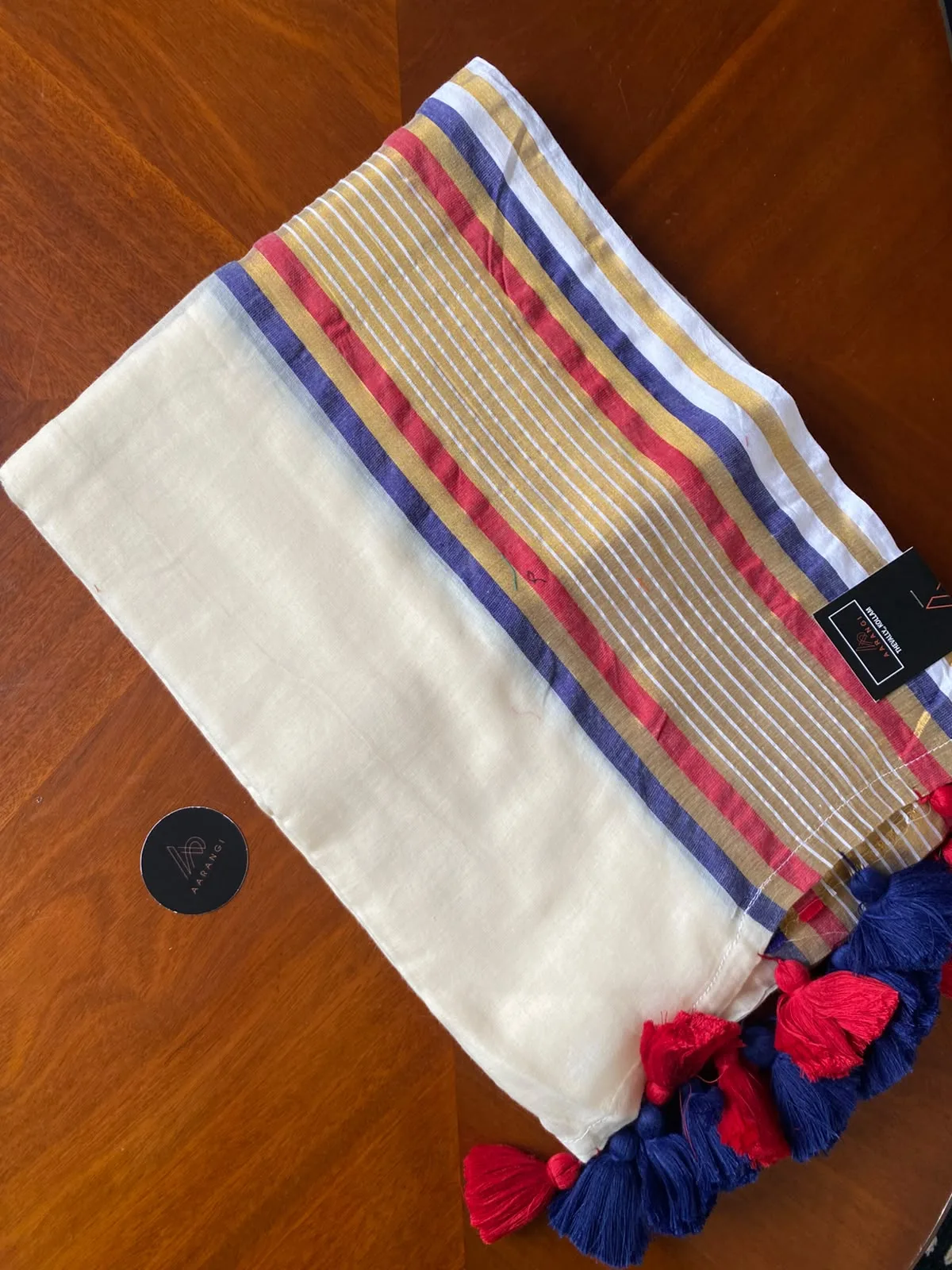 Mul Cotton Saree with Navy & Red Stripe Border