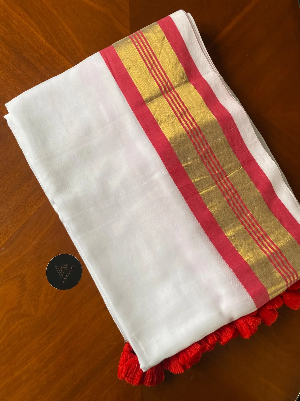 Mul Cotton Saree with Red & Gold Stripe Border