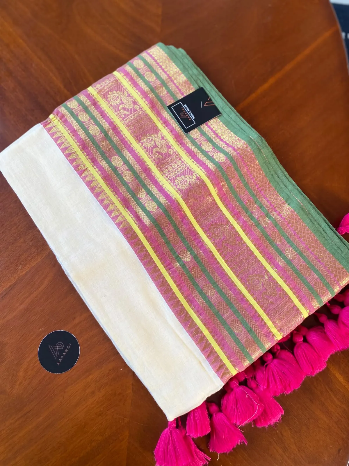 Mul Cotton Saree with Pink & Lime Stripe Border