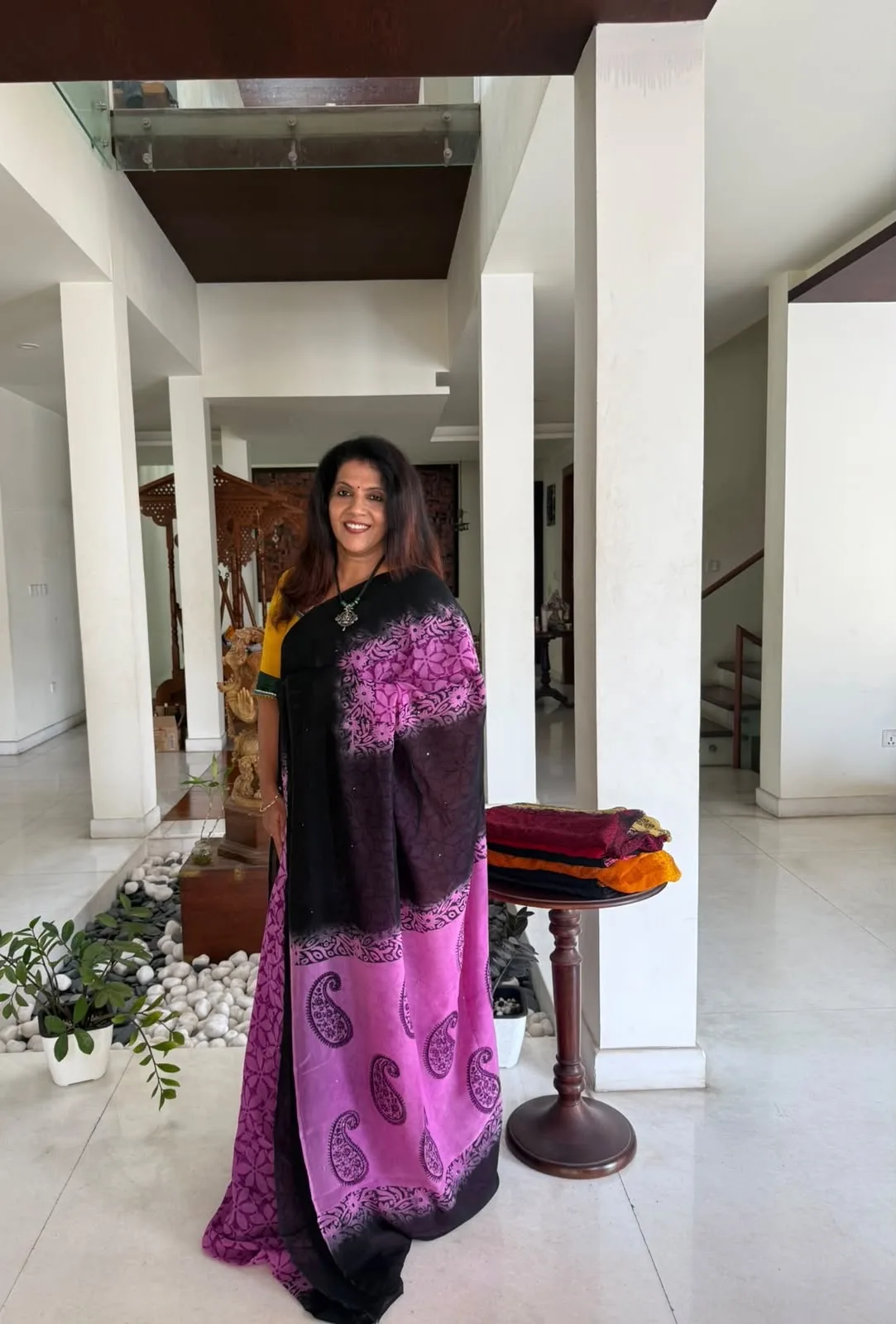 Black & Pink Hand Block Georgette Saree