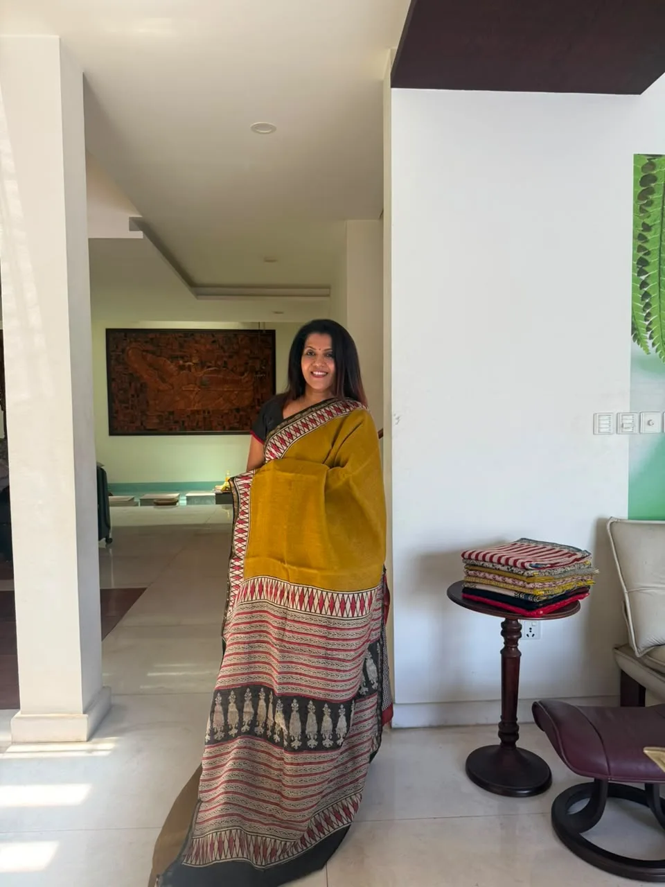 Mustard & Red Hand Block Chanderi Silk Saree