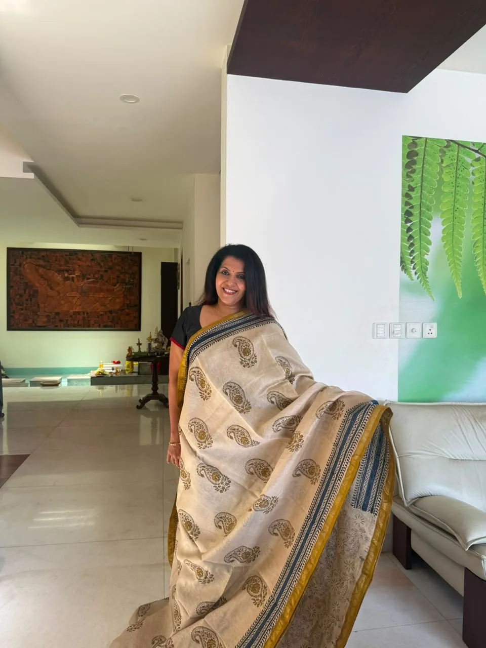 Ivory & Blue Hand Block Chanderi Silk Saree, photo 3 of 3