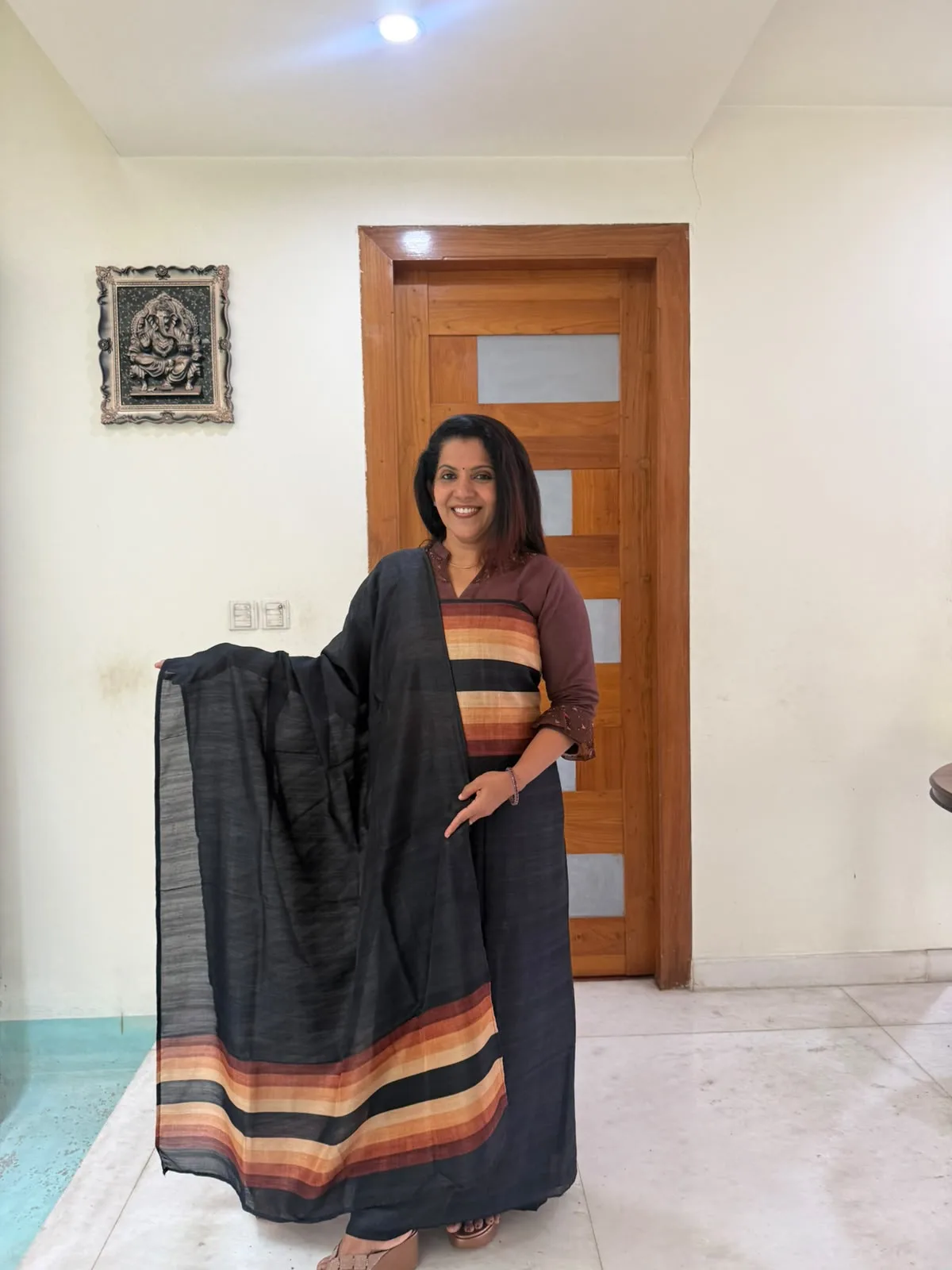 Black & Orange Semi Raw Silk Unstitched Suit
