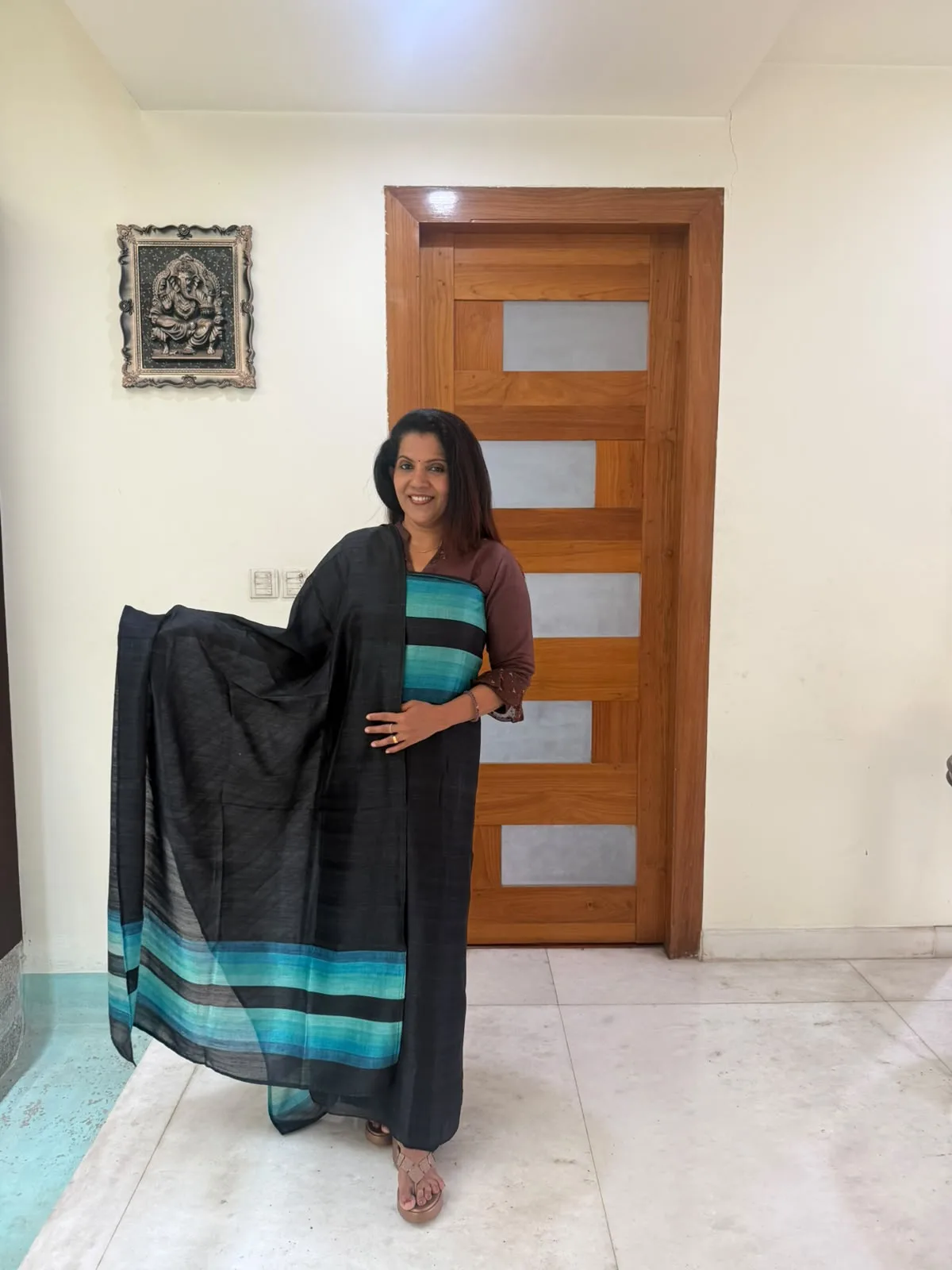 Black & Turquoise Semi Raw Silk Unstitched Suit, photo 3 of 3