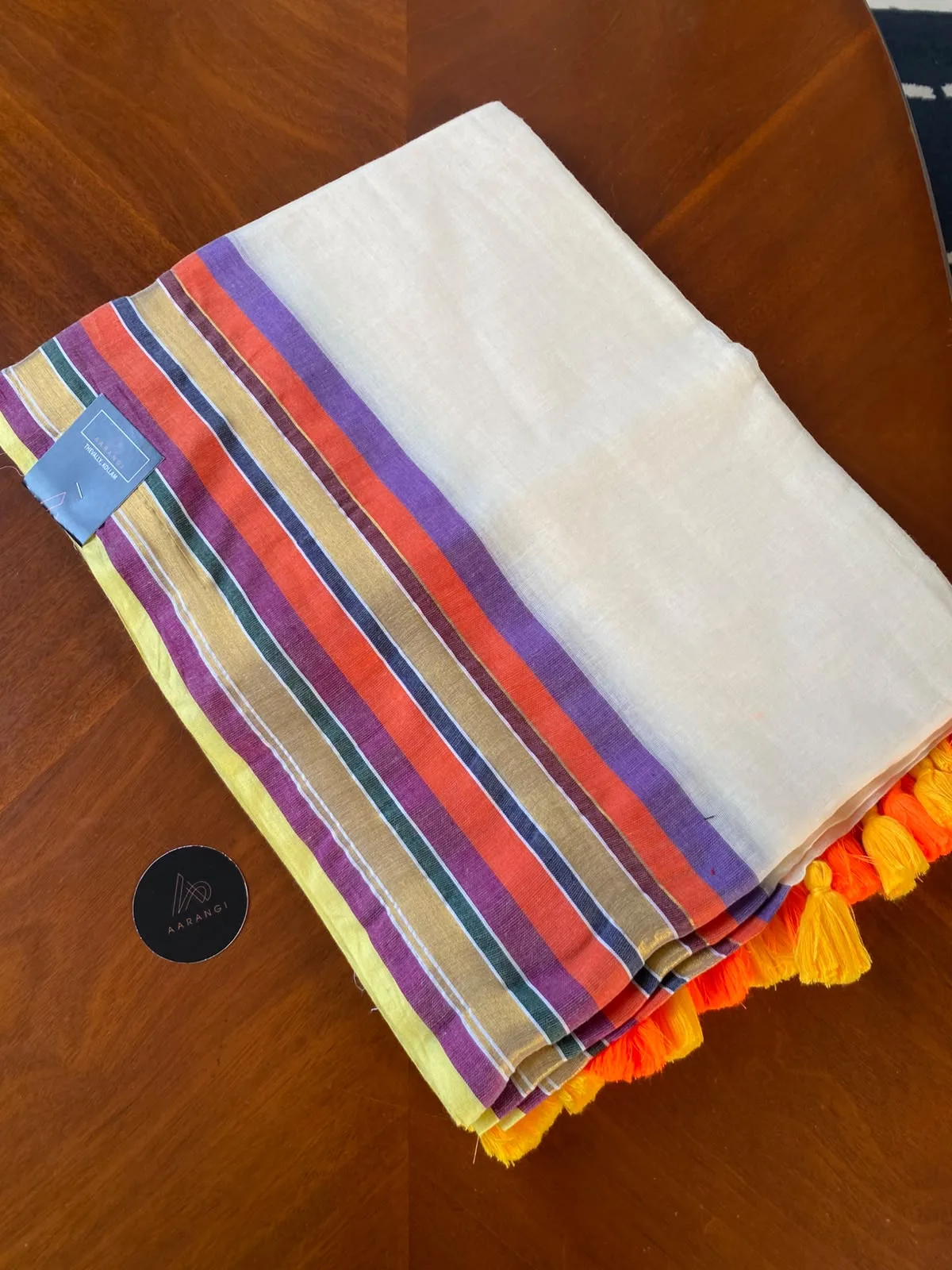 Mul Cotton Saree with Multicolour Stripe Border