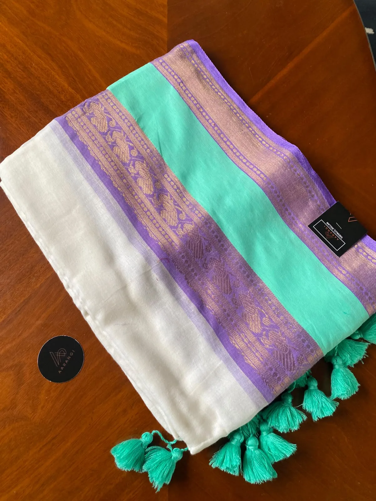 Mul Cotton Saree with Mint & Lavender Border