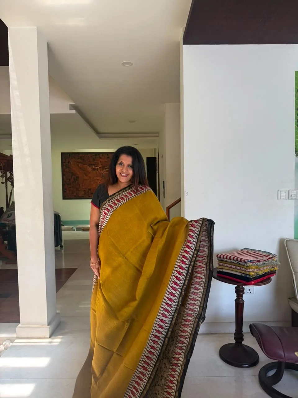 Mustard & Red Hand Block Chanderi Silk Saree, photo 3 of 3