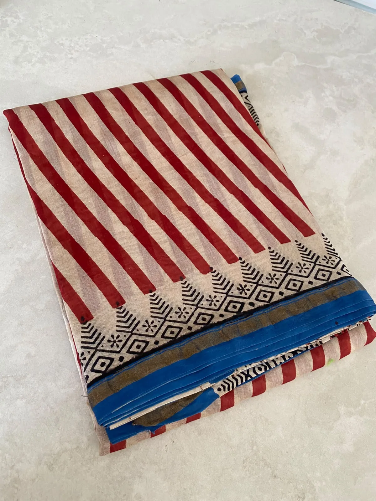 Red & Ivory Stripe Hand Block Chanderi Silk Saree, photo 3 of 3