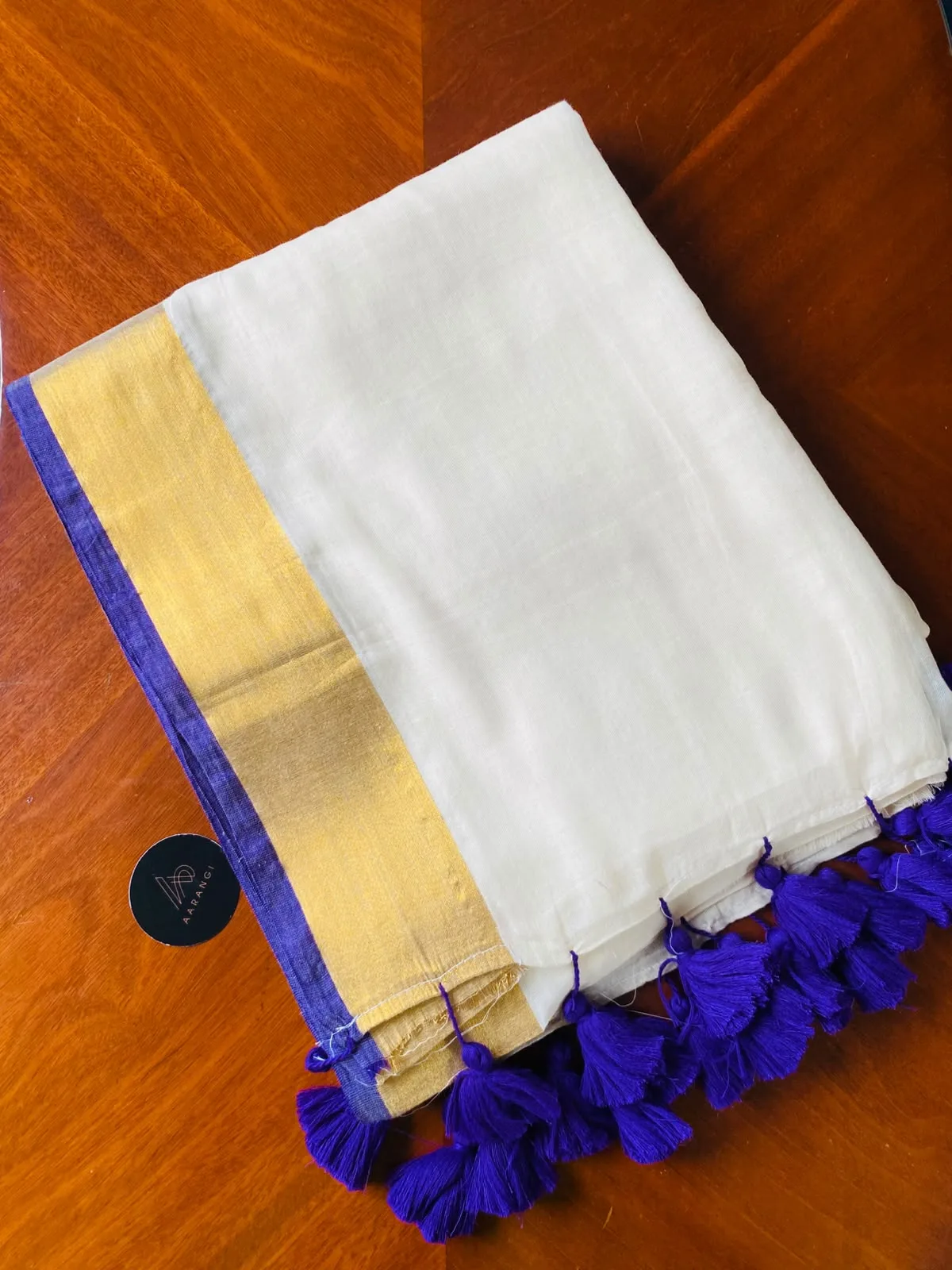 Mul Cotton Saree with Gold & Royal Blue Border