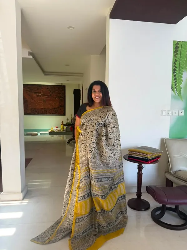 Ivory & Yellow Hand Block Chanderi Silk Saree