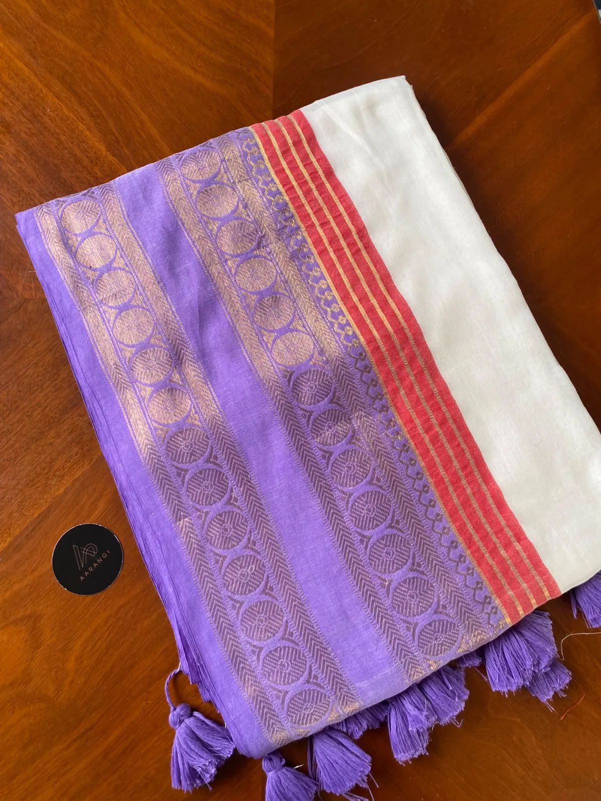Mul Mul Cotton Saree with Lavender & Red Border