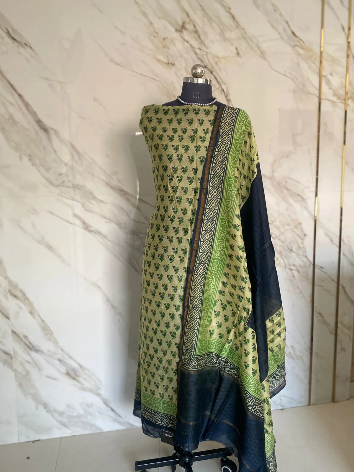 Green & Navy Maheshwari Silk Unstitched Suit