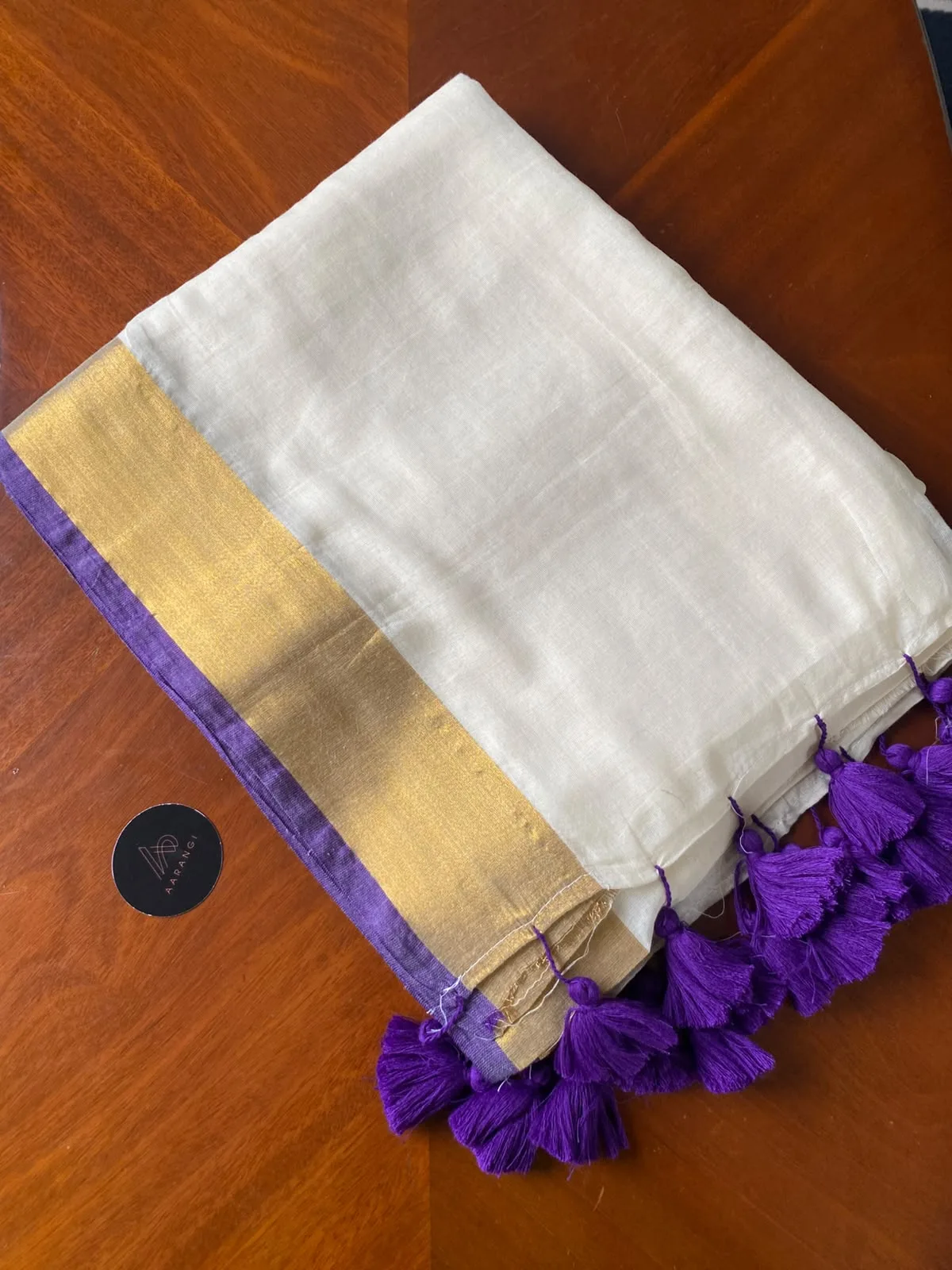 Mul Cotton Saree with Gold & Violet Border
