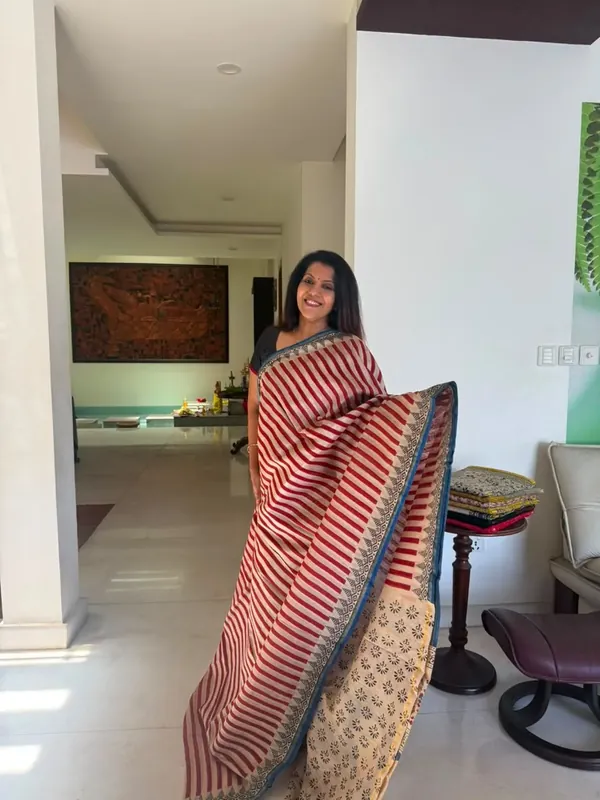 Red & Ivory Stripe Hand Block Chanderi Silk Saree