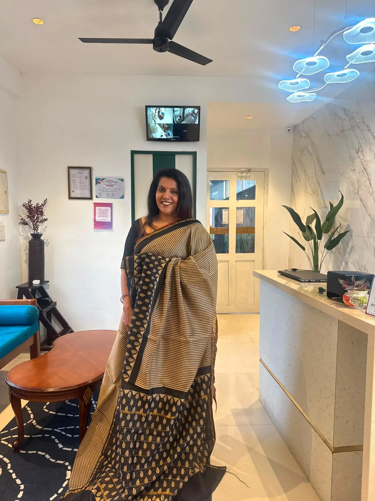 Black & Beige Hand Block Chanderi Silk Saree